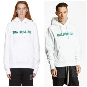 HELMUT LANG - White Mirrored Print Hoodie. 
Unisex. Men's Med or Women's Large